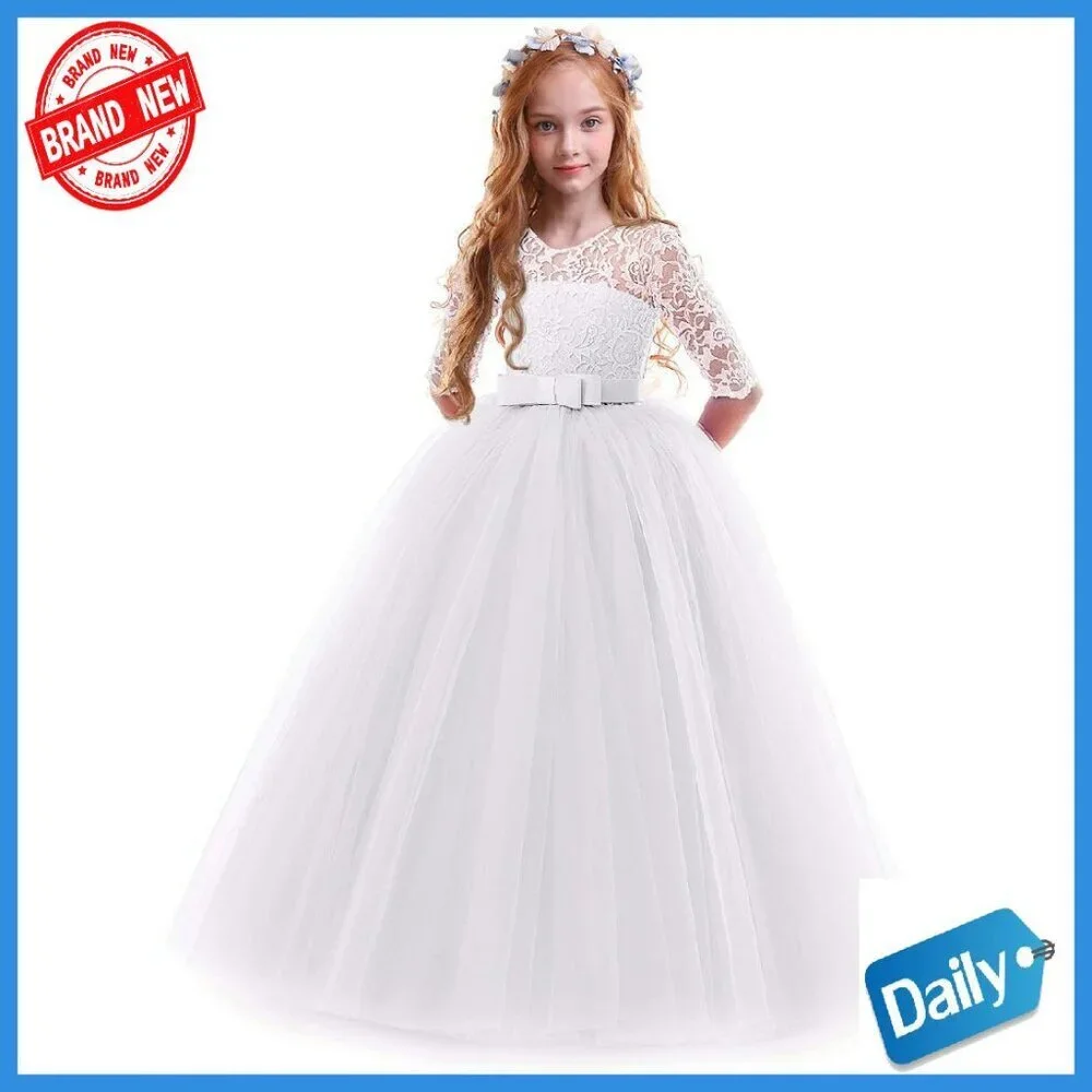 Girls Floral Lace 3/4 Sleeve Floor Length Formal Dress Size 2-14Y